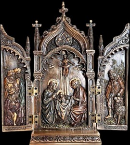 Miniature hellig kunstskulptur med antik bronze finish og spirituelt budskab